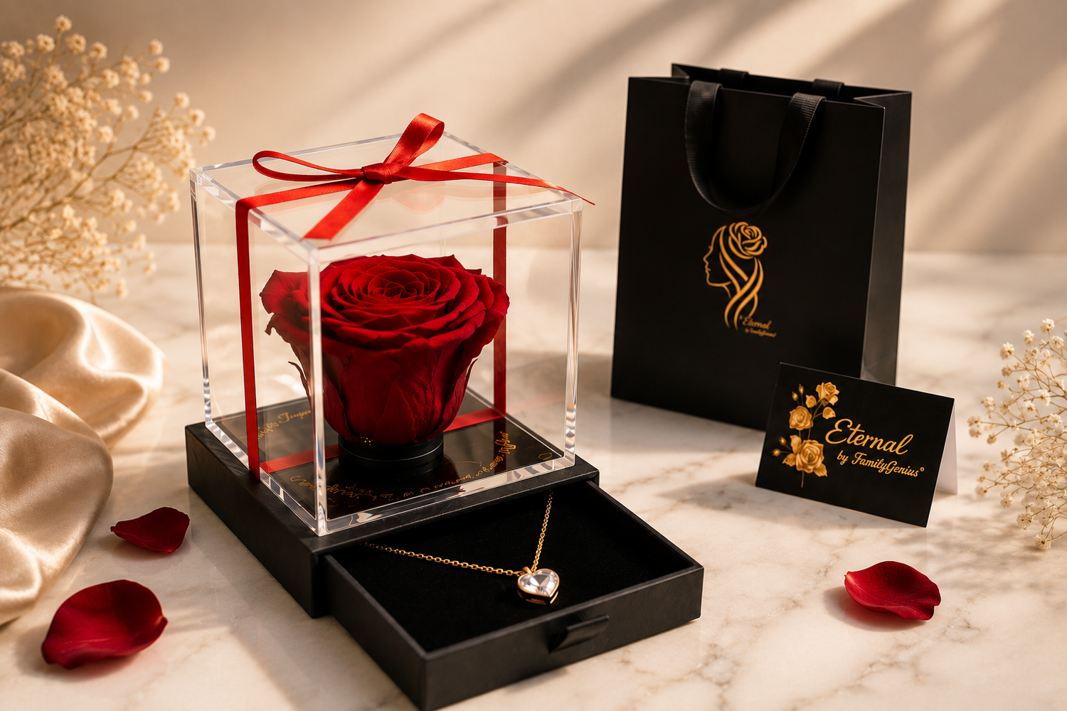 Regalo romántico con rosa preservada y collar de corazón para mujer