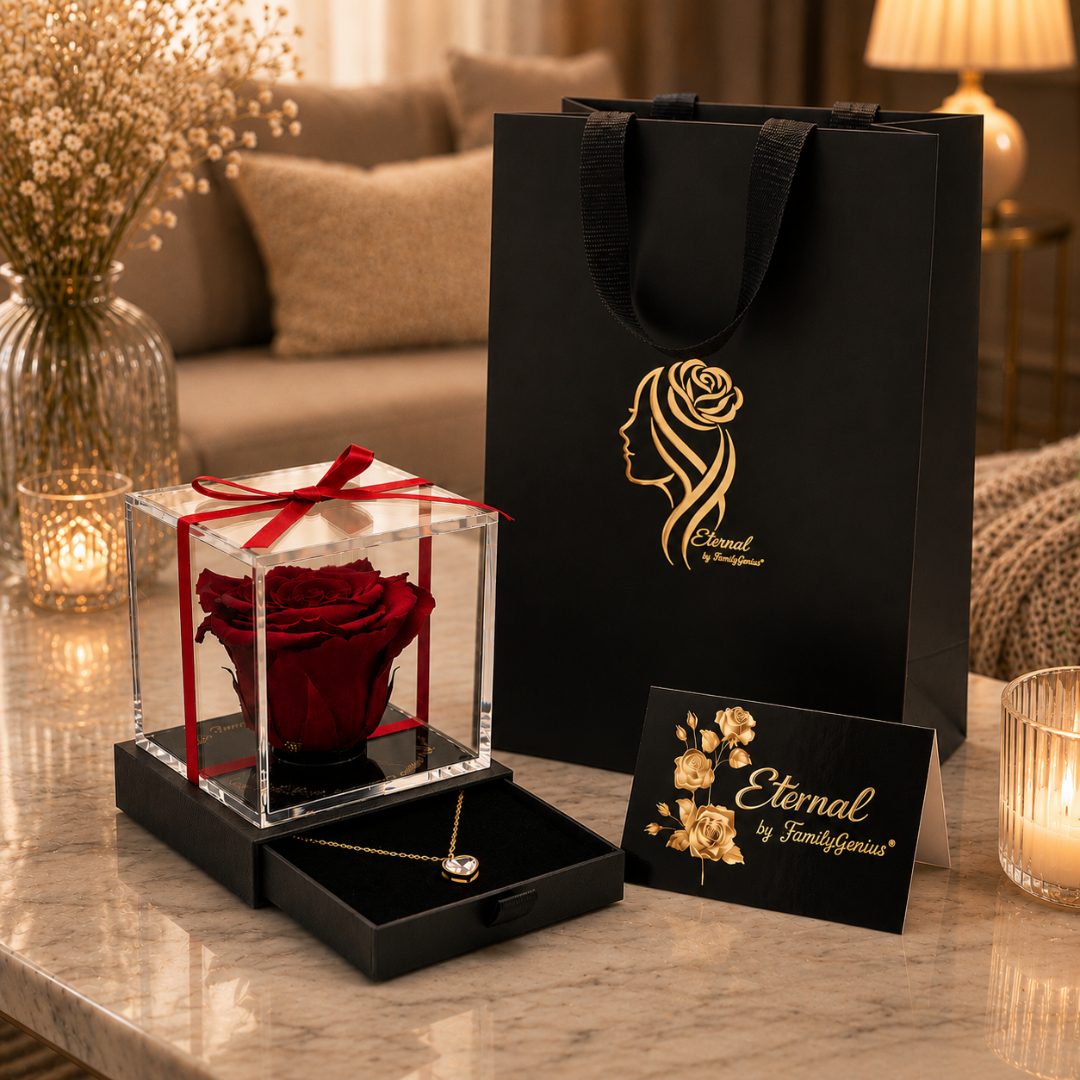 Rosa Eternity con bolsa, tarjeta y presentación premium de regalo