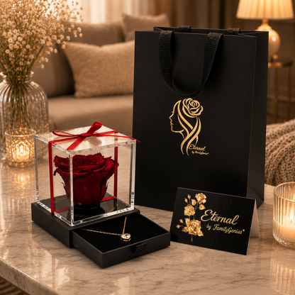 Rosa Eternity con bolsa, tarjeta y presentación premium de regalo